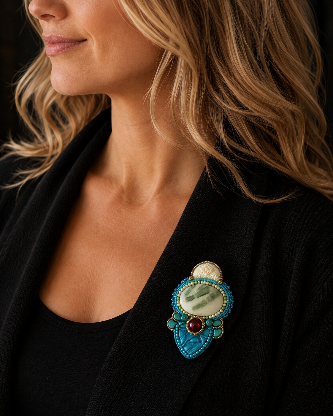 Under the Bamboo Moon Bead Embroidered Brooch