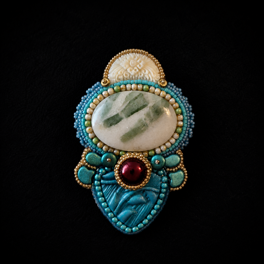 Under the Bamboo Moon Bead Embroidered Brooch