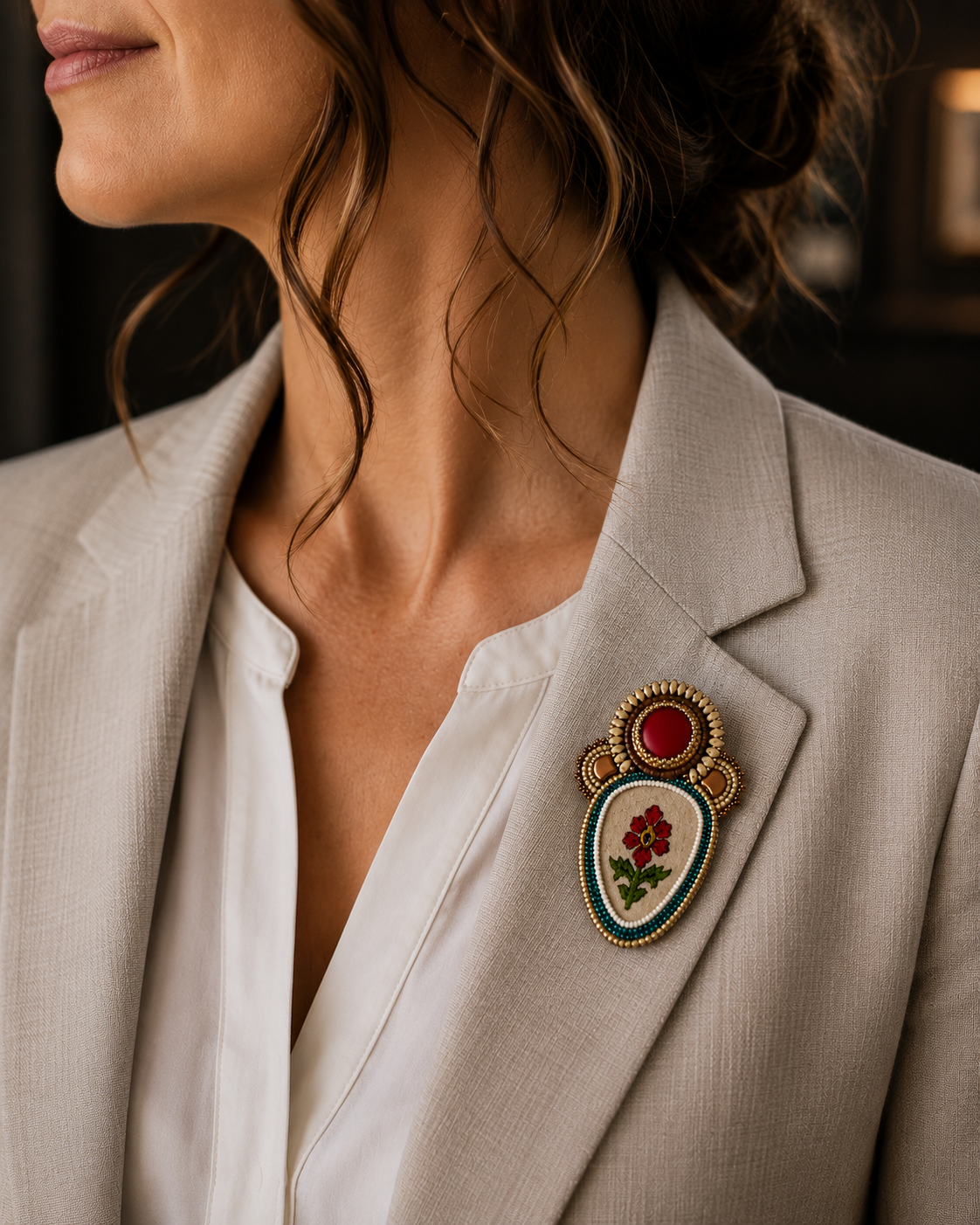 Red Letter Day Bead Embroidered Brooch