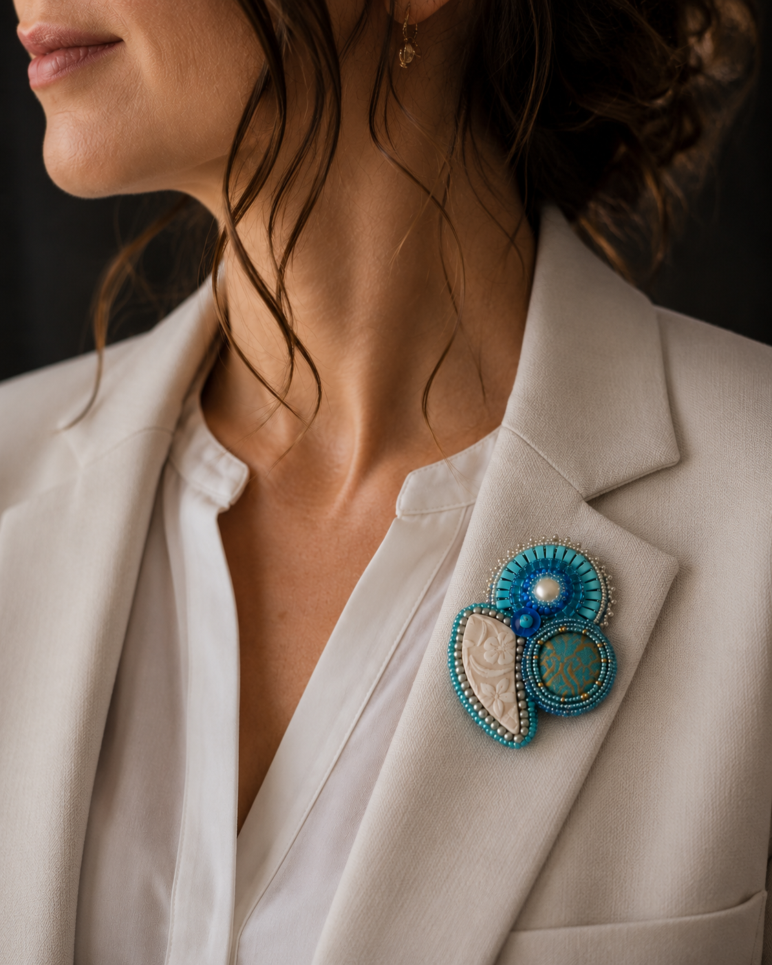 Blue Note Bead Embroidered Brooch