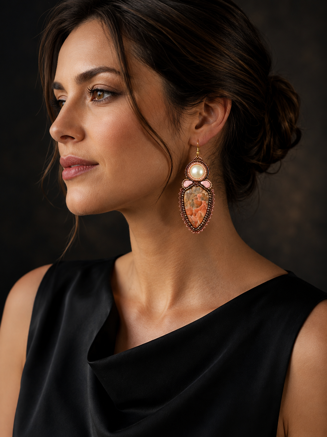 Apricot Nocturne Bead Embroidered Earrings