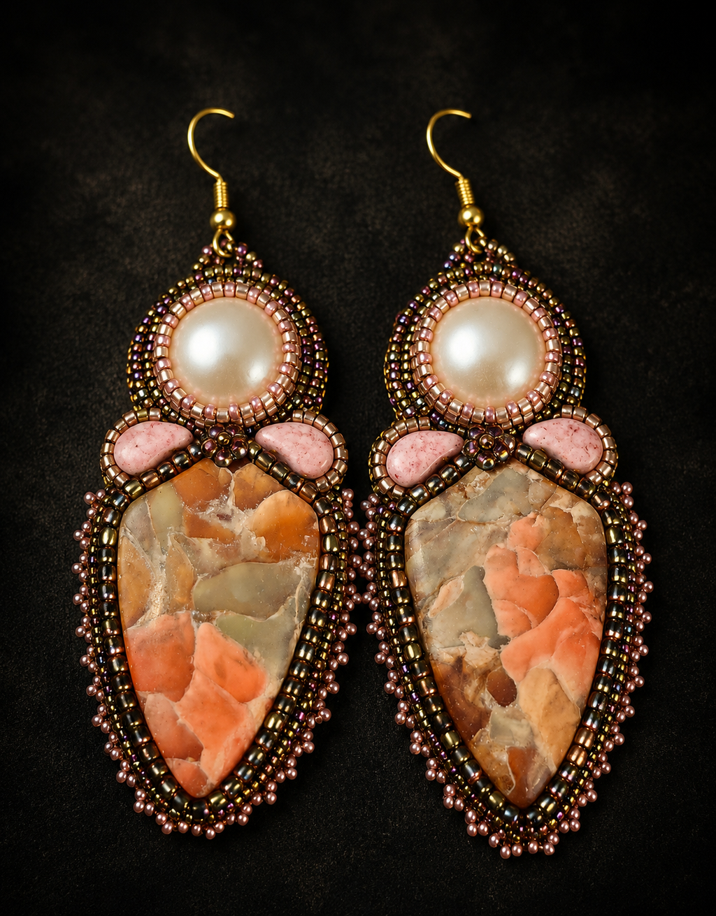 Apricot Nocturne Bead Embroidered Earrings